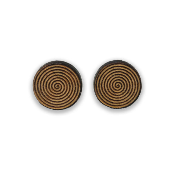 Holz Ohrstecker Spirale von vorn, 12 mm breit und 3 mm dick.